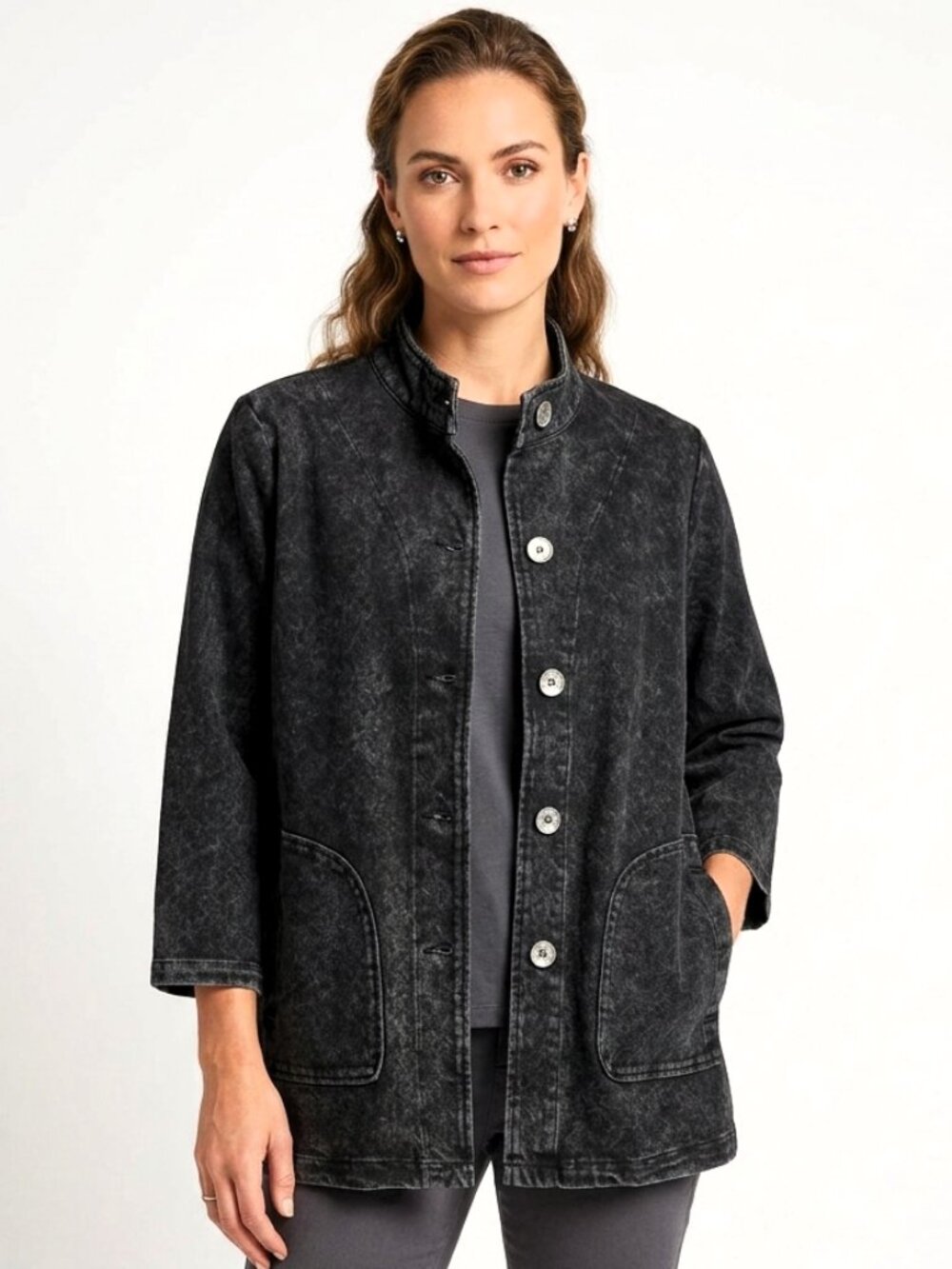 Women's Mineral Wash Knit Denim Jacket with Mock Neck
